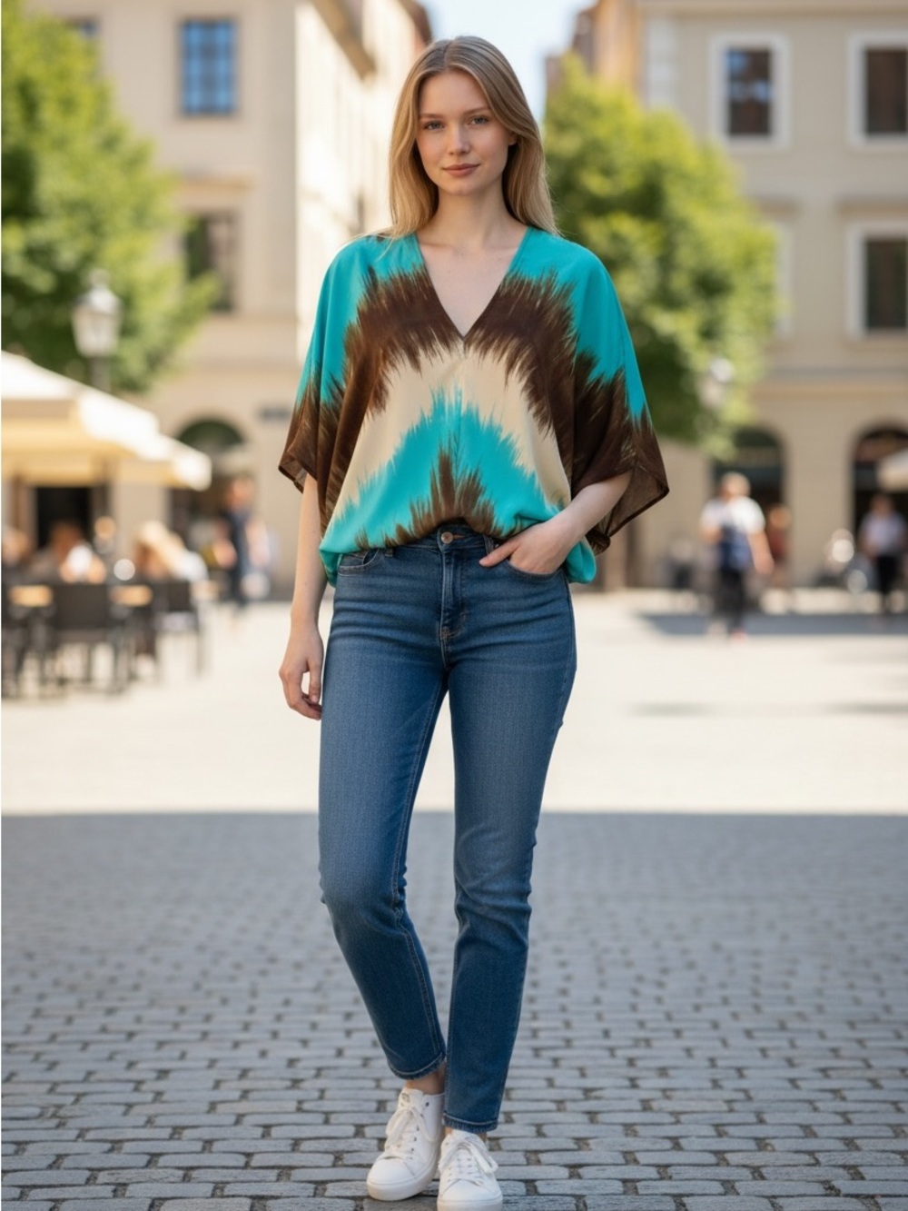 SILK Turquoise Tie-Dye V-Neck Dolman Blouse